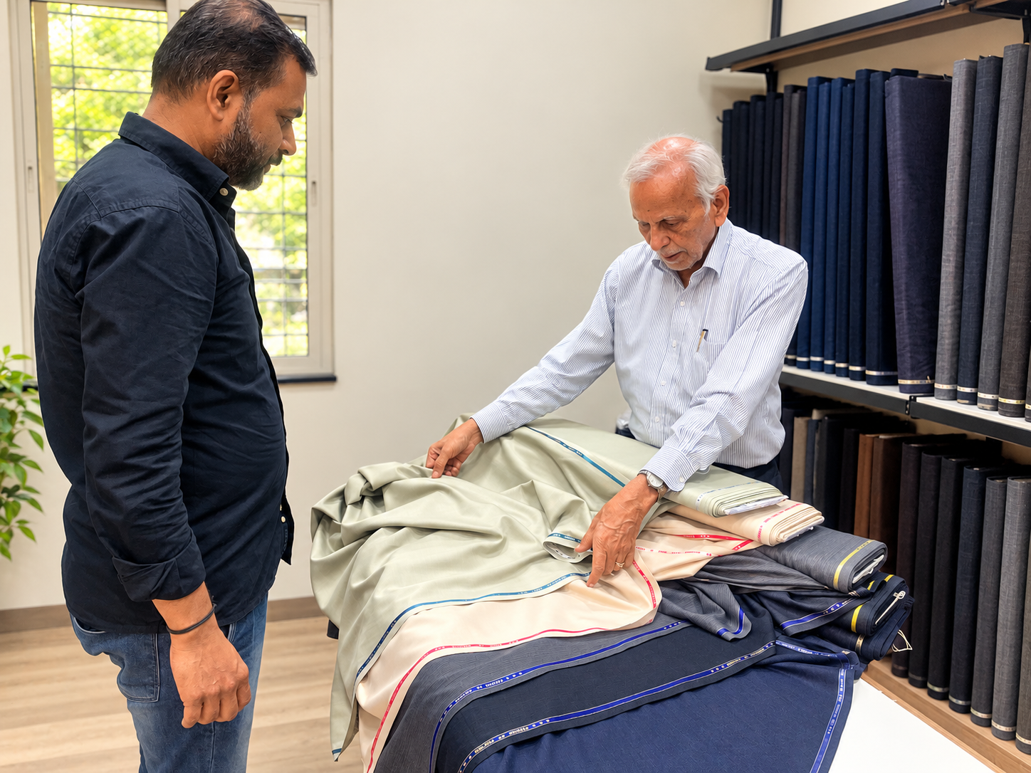 Woolco tailor showing fine suiting fabrics to a customer